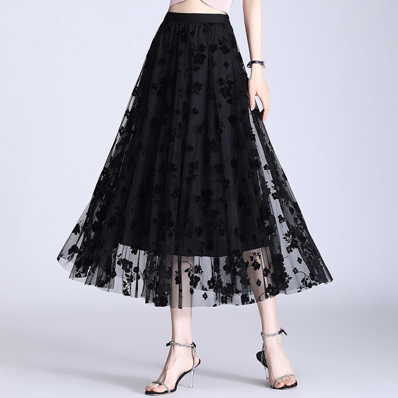 Fusta midi dama din tulle floral 1001 Negru - Lusha.ro