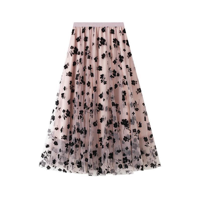 Fusta midi dama din tulle floral 1001 Roz - Lusha.ro