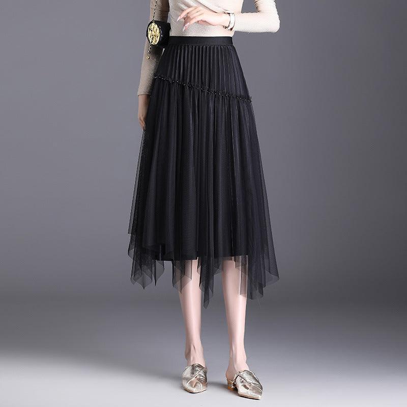 Fusta Midi Plisata din Tulle cu perle aplicata 5863 Negru - Lusha.ro