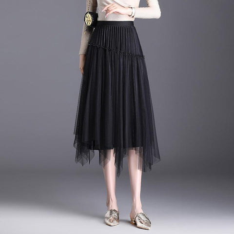 Fusta Midi Plisata din Tulle cu perle aplicata 5863 Negru - Lusha.ro