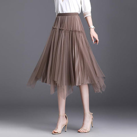 Fusta Midi Plisata din Tulle cu perle aplicata 5863 Maro - Lusha.ro