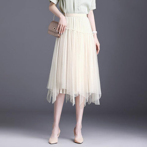 Fusta Midi Plisata din Tulle cu perle aplicata 5863 Bej - Lusha.ro