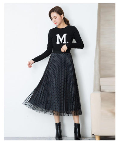 Fusta midi din tull cu buline dama 7613 Albastru - Lusha.ro